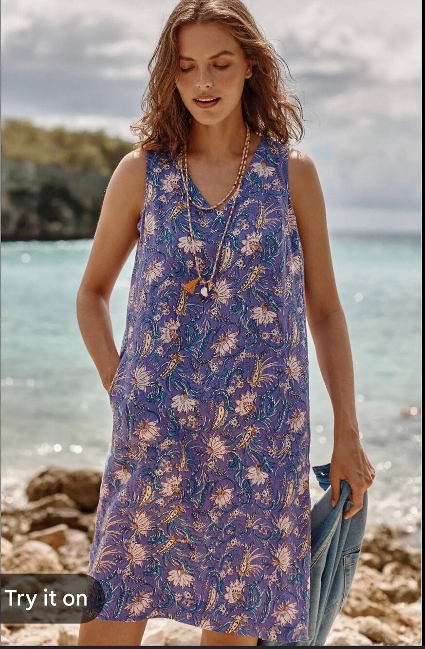J. Jill Love Linen Shift Dress Purple Floral Paisley Pockets Boho Summer Med
